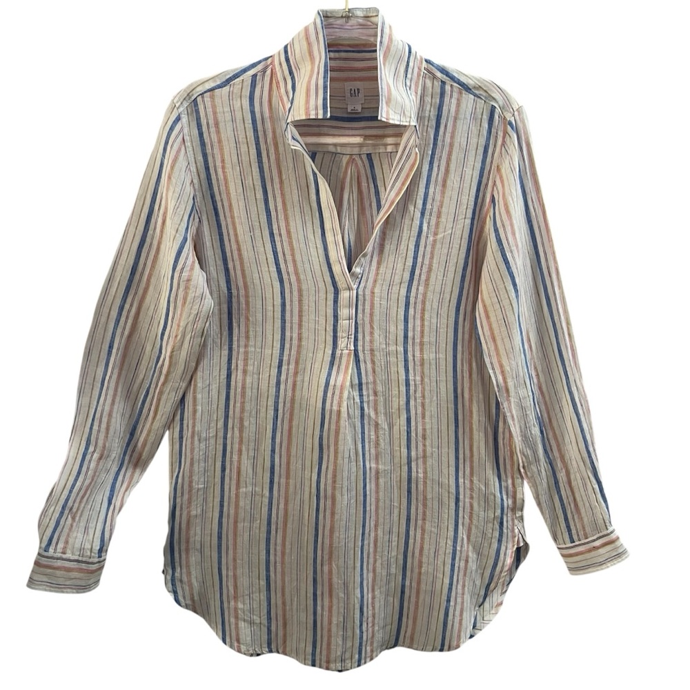 GAP SHIRT, Women’s Size S, Multicolor Long Sleeve Striped Linen Tunic w/ Collar.